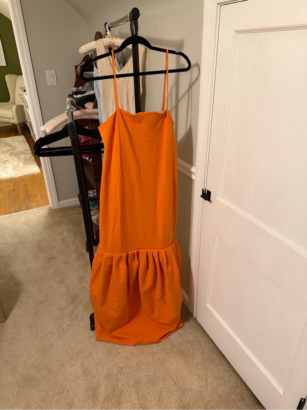 Bright Orange Spaghetti Strap Ruffle-Hem Dress